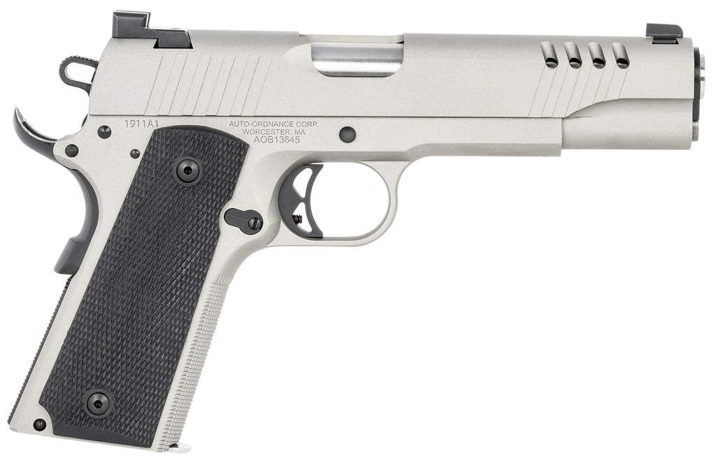 Auto Ordnance Auto-Ordnance 1911TCAC6 1911 A1  45 ACP 7+1 5" Savage Silver Cerakoate, Serrated/Ported Slide,  Black Rubber Grips, Fixed 3-Dot Combat Day Sights