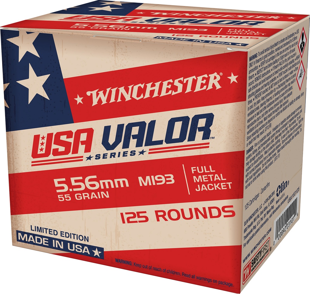 Winchester Ammo USA193125 USA Valor M193 5.56x45mmNATO 55gr Full Metal Jacket 125 Per Box/10 Case