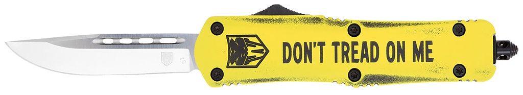 COBRA TEC KNIVES LLC CobraTec Knives MDTOMFS3DNS FS-3 Don't Tread On Me Medium 3" OTF Drop Point Plain D2 Steel Blade Yellow w/"Don't Tread On Me" Aluminum Cerakoted Handle Features Glass Breaker Includes Pocket Clip
