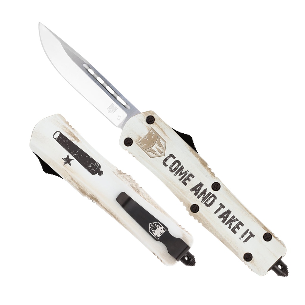 COBRA TEC KNIVES LLC CobraTec Knives MCATIFS3DNS FS-3 Come And Take It 3" OTF Drop Point Plain 154CM SS Blade White w/"Come And Take It" Aluminum Cerakoted Handle Features Glass Breaker Includes Pocket Clip