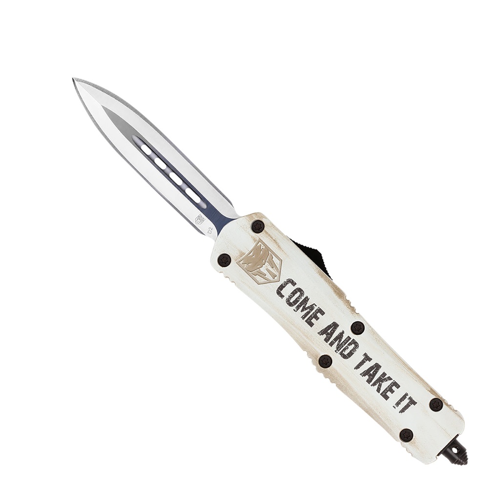 COBRA TEC KNIVES LLC CobraTec Knives MCATIFS3DAGNS FS-3 Come And Take It Medium 3" OTF Dagger Plain D2 Steel Blade White w/"Come And Take It" Aluminum Cerakoted Handle Features Glass Breaker Includes Pocket Clip