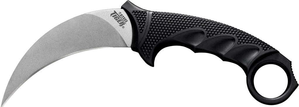 Cold Steel CS49KST Steel Tiger  4.75" Fixed Plain Stone Washed Japanese AUS-8A SS Blade/Black w/Thumb Shelf & Finger Ring Griv-Ex w/Overmold Kray-Ex Handle