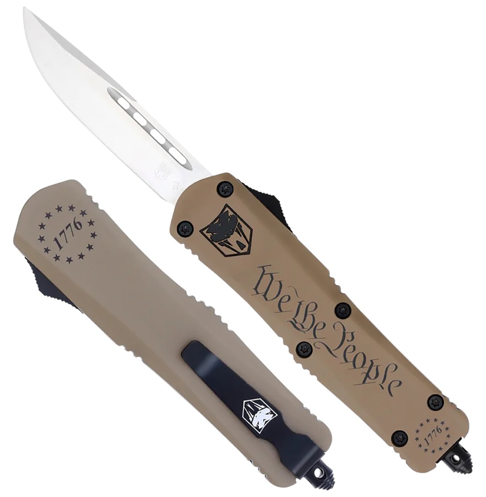 COBRA TEC KNIVES LLC CobraTec Knives SWTPFS3DNS FS-3 We The People Small 2.75" OTF Drop Point Plain Aluminum Cerakoted D2 Steel Blade, Tan "We The People" Aluminum Handle