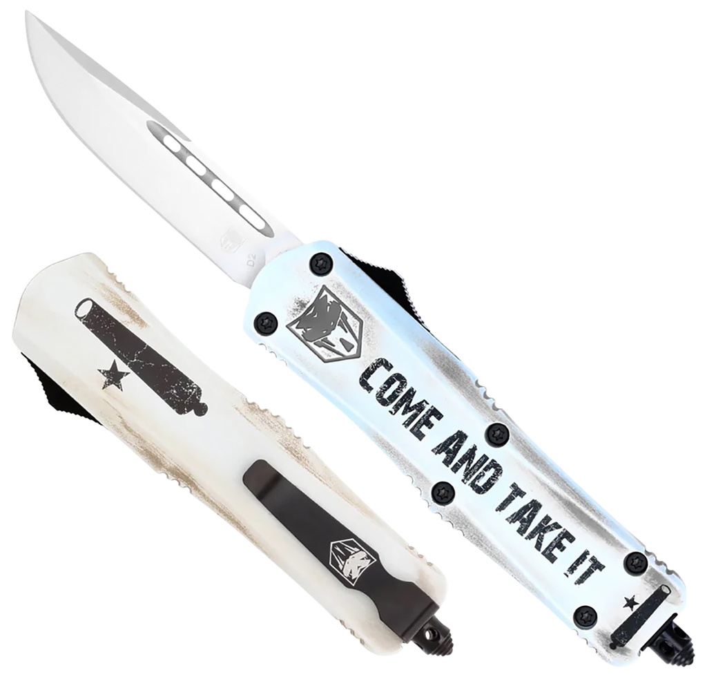 COBRA TEC KNIVES LLC CobraTec Knives SCATIFS3DNS FS-3 Come And Take It Small 3" OTF Drop Point Plain D2 Steel Blade 4.50" White "Come And Take It" Aluminum Cerakoted Handle Includes Glass Breaker/Pocket Clip