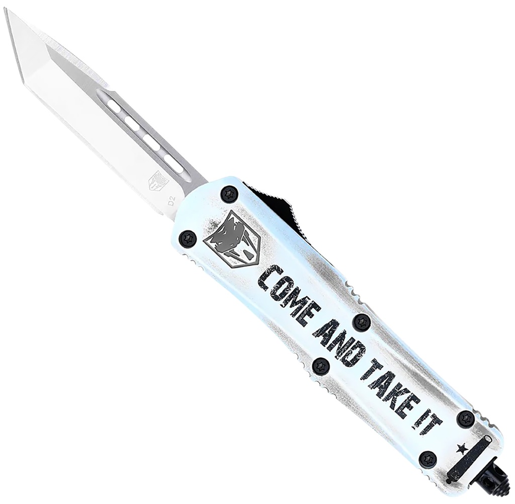 COBRA TEC KNIVES LLC CobraTec Knives SCATIFS3TNS FS-3 Come And Take It Small 3" OTF Tanto Plain Satin D2 Steel Blade, 4.50" White "Come And Take It" Aluminum Cerakoted Handle