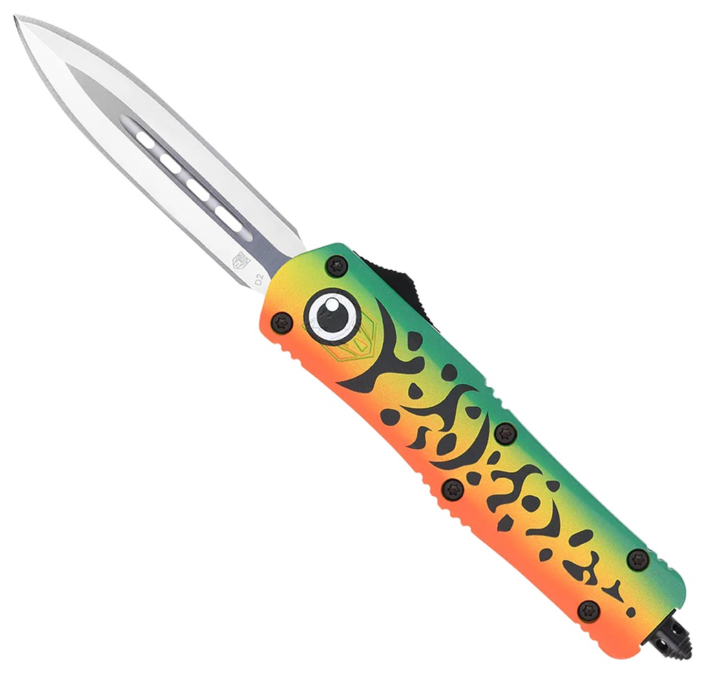 COBRA TEC KNIVES LLC CobraTec Knives MFLGNFS3DAGNS FS-3 Fishing Lure Medium 3" OTF Dagger Plain Satin D2 Steel Blade, 4.50" Green Fishing Lure Aluminum Cerakoted Handle