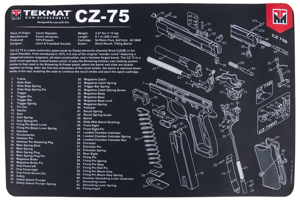 BECK TEK, LLC (TEKMAT) TekMat TEKR17CZ75 CZ 75 Cleaning Mat Black/White Rubber 11"x17" CZ-75 Parts Diagram