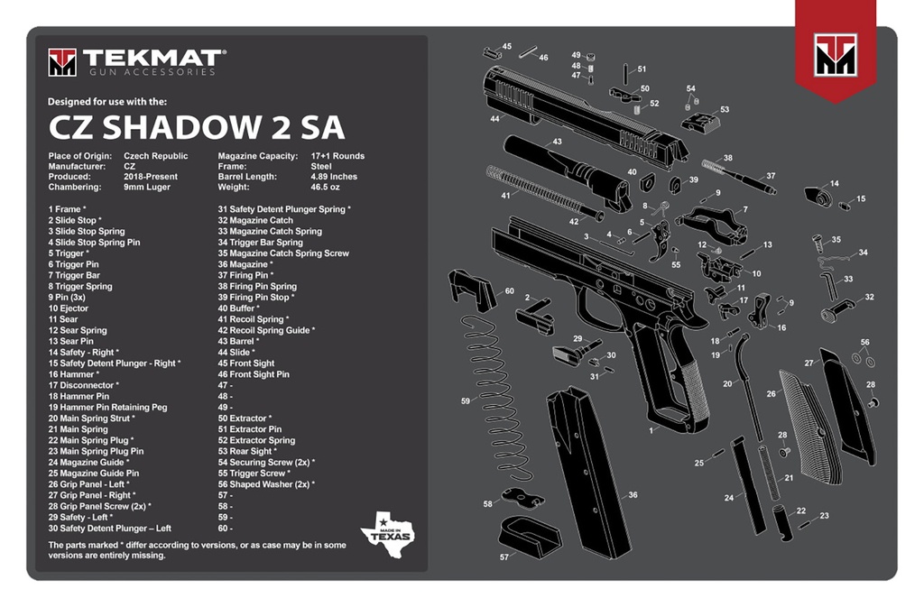 BECK TEK, LLC (TEKMAT) TekMat TEKR17CZSHDW2 CZ Shadow 2 SA Cleaning Mat Black/White Rubber 11"x17" CZ-75 Shadow 2 SA Diagram