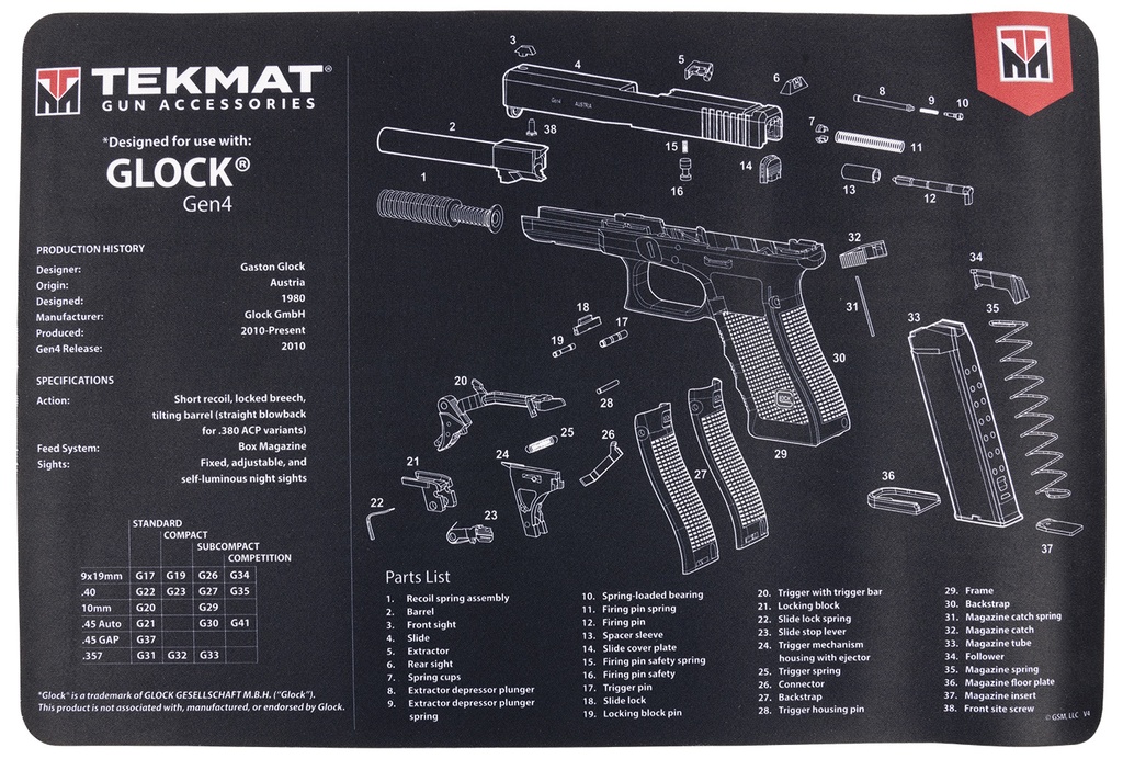 BECK TEK, LLC (TEKMAT) TekMat TEKR17GLOCKG4 Glock Gen4 Cleaning Mat Black/White Rubber 11"x17" Glock Gen4 Parts Diagram