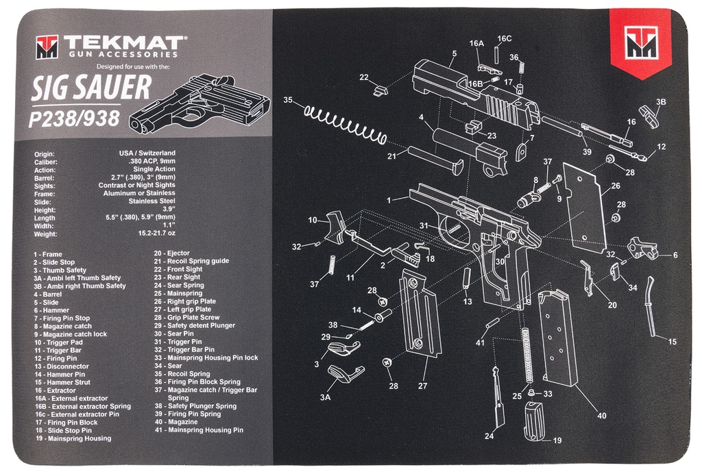 BECK TEK, LLC (TEKMAT) TekMat TEKR17SIGP238 Sig Sauer P238 Cleaning Mat Black/Gray Rubber 11"x17" Sig P238 Parts Diagram