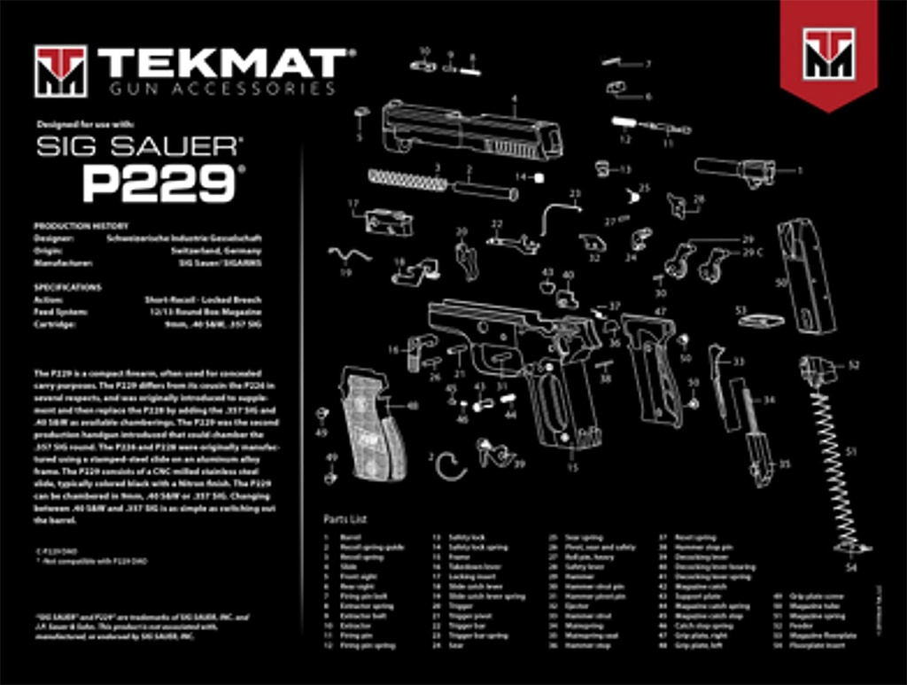 BECK TEK, LLC (TEKMAT) TekMat TEKR20SIGP229 Sig Sauer P229 Ultra 20 Cleaning Mat Multi-Color Rubber 15"x20" Sig P229 Parts Diagram