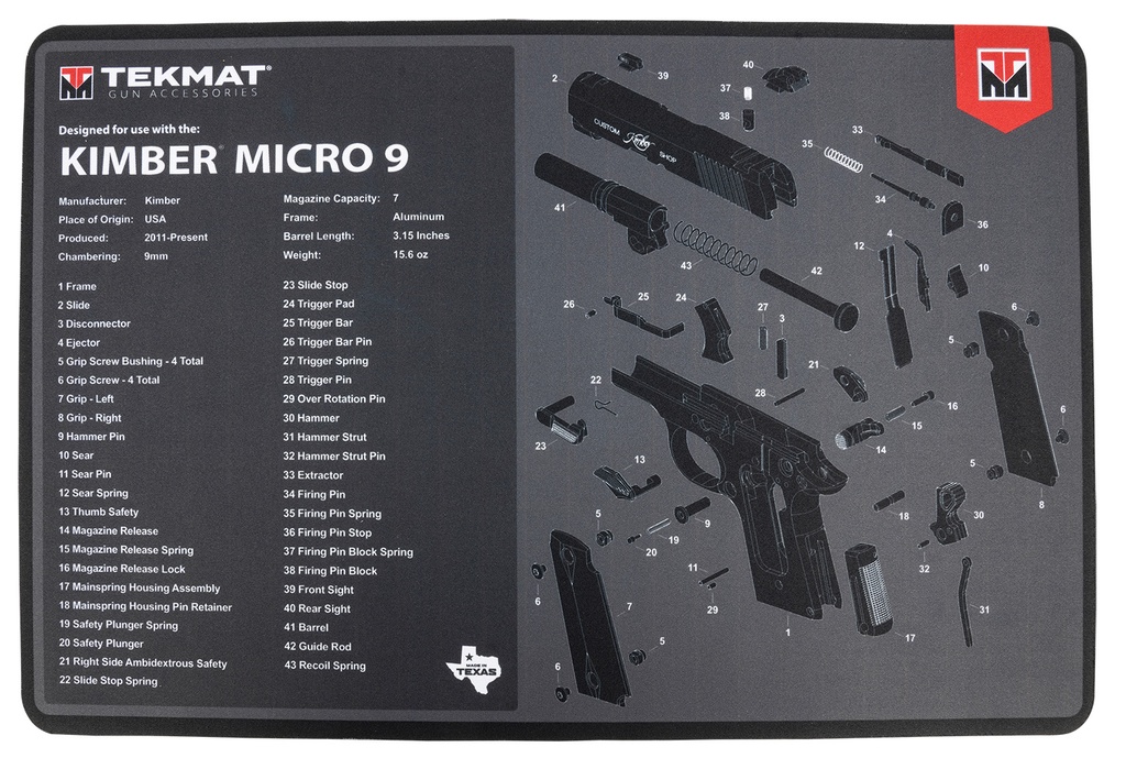 BECK TEK, LLC (TEKMAT) TekMat TEKR17KIMBERMCR9 Kimber Micro 9 Cleaning Mat Black/Gray Rubber 11"x17" Kimber Micro 9 Diagram