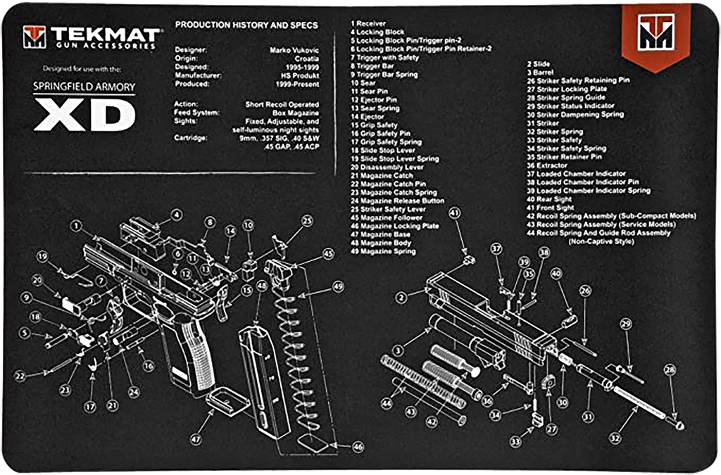 BECK TEK, LLC (TEKMAT) TekMat TEKR17XD Springfield Armory XD Cleaning Mat Black/White Rubber 11"x17" Springfield Armory XD Parts Diagram