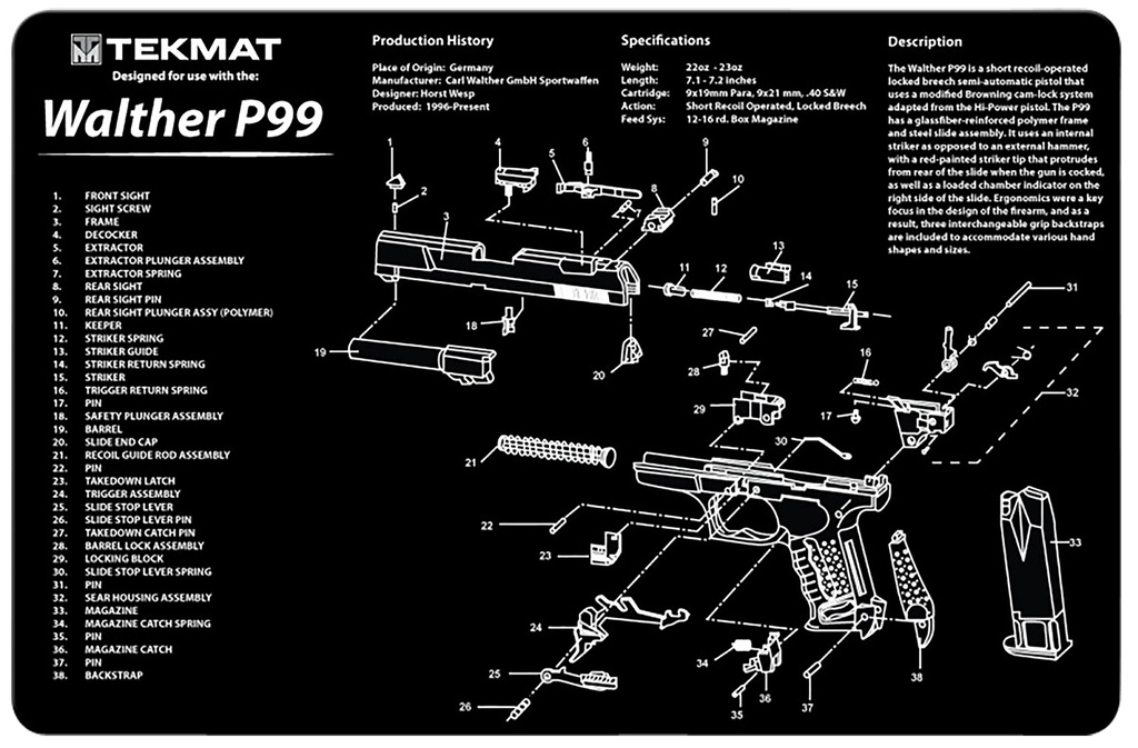 BECK TEK, LLC (TEKMAT) TekMat TEKR17WALP99 Walther P99 Cleaning Mat Black/White Rubber 11"x17" Walther P99 Parts Diagram