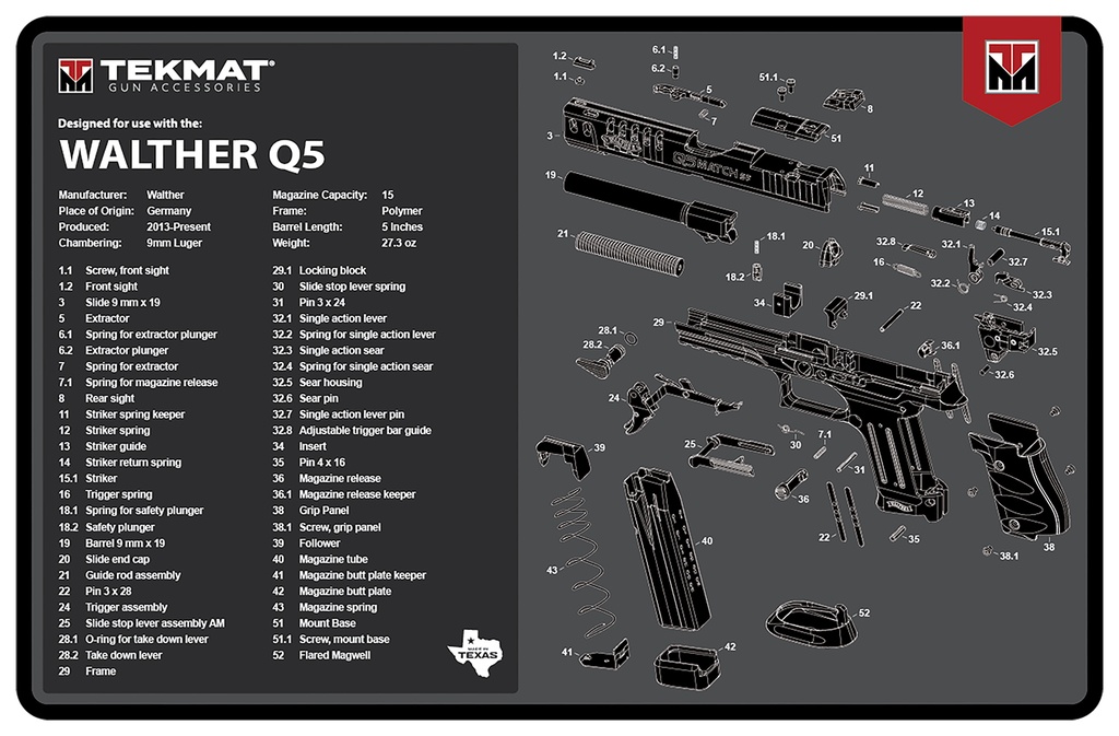 BECK TEK, LLC (TEKMAT) TekMat TEKR17WALQ5SF Walther Q5 SF Cleaning Mat Black/Gray Rubber 11"x17" Walther Q5 Parts Diagram