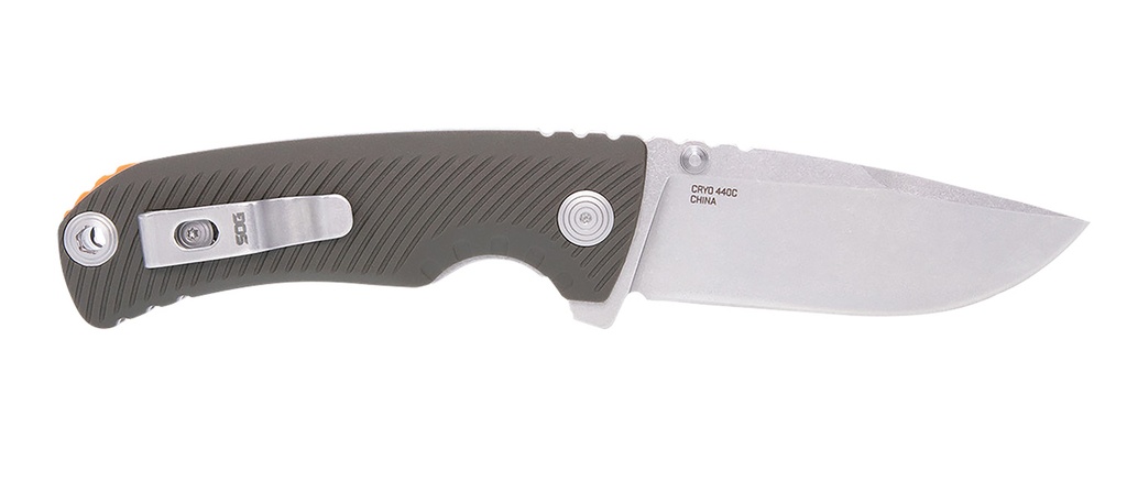 S.O.G SOG11060143 Tellus ATK  3.50" Folding Clip Point Plain Stonewashed Cryo 440C SS Blade/ Olive Drab w/Orange Backspacer GREEN Handle Includes Belt Clip