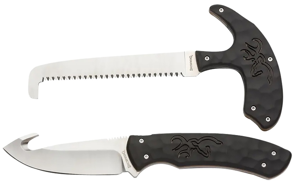 Browning 3220420 Primal Combo  3.75"/5.25" Fixed Drop Point Gut Hook/Skinner, Saw 8Cr13MoV SS Blade, Black Polymer w/Rubber Overmold & Finger Grooves Handle, 2 Piece Set, Includes Sheath