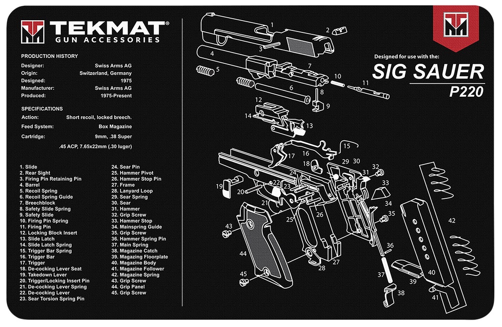 BECK TEK, LLC (TEKMAT) TekMat TEKR17SIGP220 Sig Sauer P220 Cleaning Mat Black/White Rubber 11"x17" Sig Sauer P220 Parts Diagram