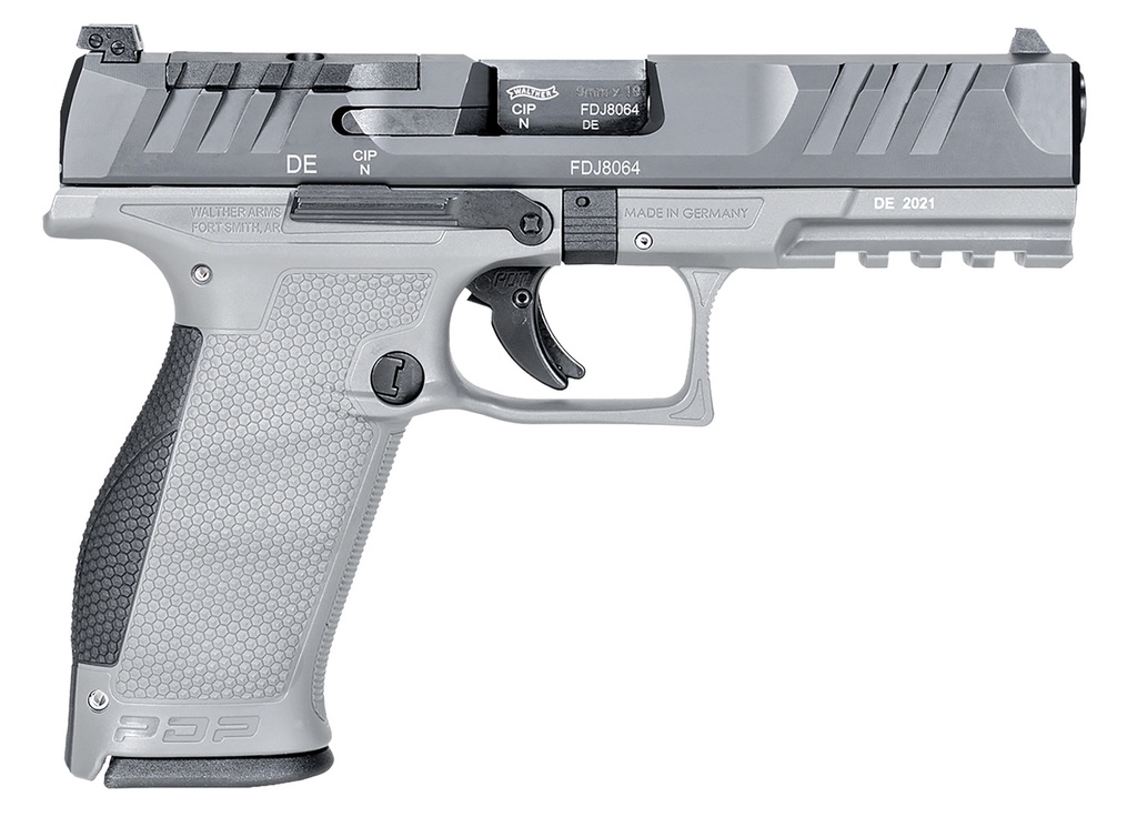 Walther Arms 2858371NP3 PDP  Full Size Frame 9mm Luger 18+1 4.50" Stainless Polygonal Rifled Barrel, Optic Ready/Serrated Steel Slide, Gray Polymer Frame w/Picatinny Rail Ambidextrous