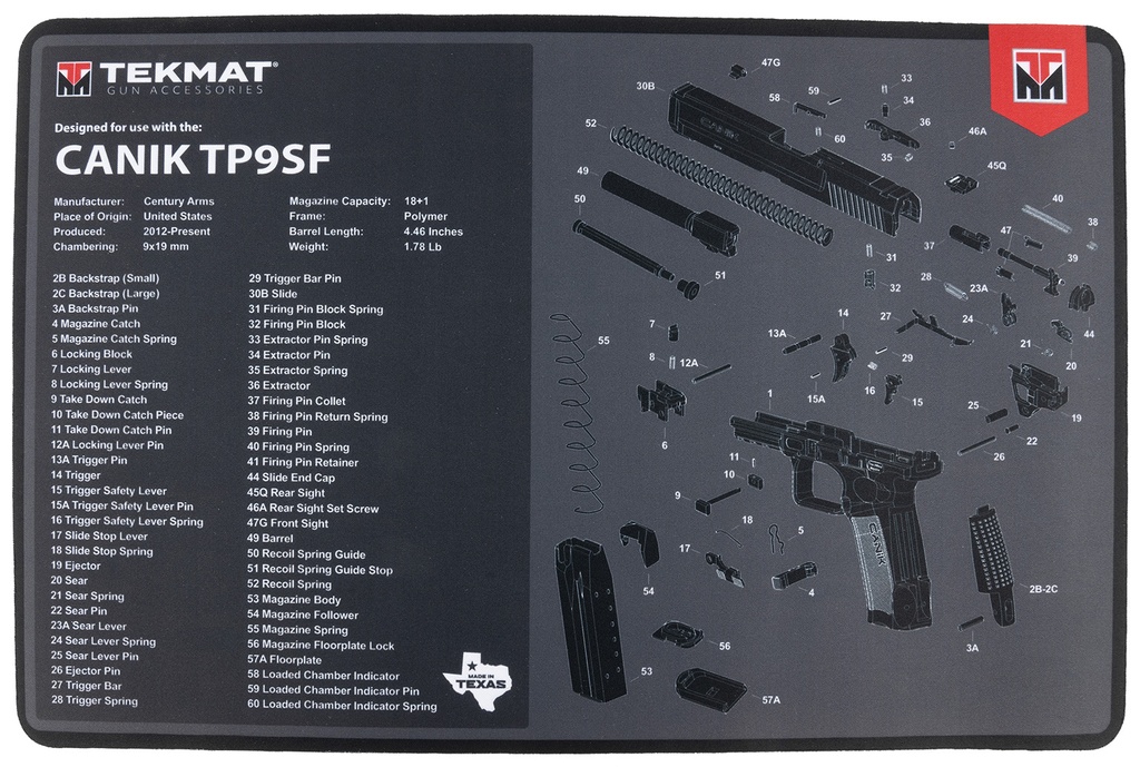 BECK TEK, LLC (TEKMAT) TekMat TEKR17CANIKTP9SF  Cleaning Mat Black/Gray Rubber 11"x17" Canik TP9SF Diagram