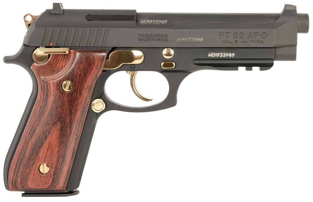 Taurus 1-920151GLD-HW1 92  Full Size Frame 9mm 17+1 5" Matte Black Stainless Steel Barrel, Matte Black Serrated Alloy Steel Slide, Matte Black w/Gold Accents Aluminum Frame w/Picatinny Rail, Wood Grip