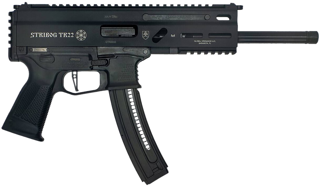 Grand Power 8588005808606 TR22 Stribog 22 LR 25+1 10" Black Threaded Barrel, Black Hardcoat Anodize Receiver w/Picatinny Rail, Black Polymer Grip, Ambidextrous