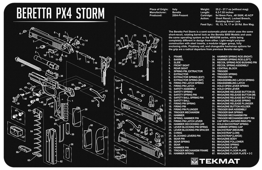 BECK TEK, LLC (TEKMAT) TekMat TEKR17BERPX4 Beretta Px4 Storm Cleaning Mat Black/White Rubber 11"x17" Beretta PX4 Storm Diagram