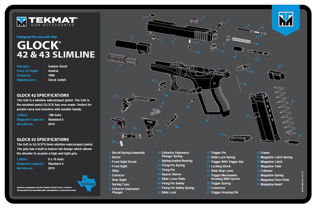 BECK TEK, LLC (TEKMAT) TekMat TEKR17GLOCK4243BL Glock 42/43 Cleaning Mat Black/Blue/White Rubber 11"x17" Glock 42/43 Parts Diagram