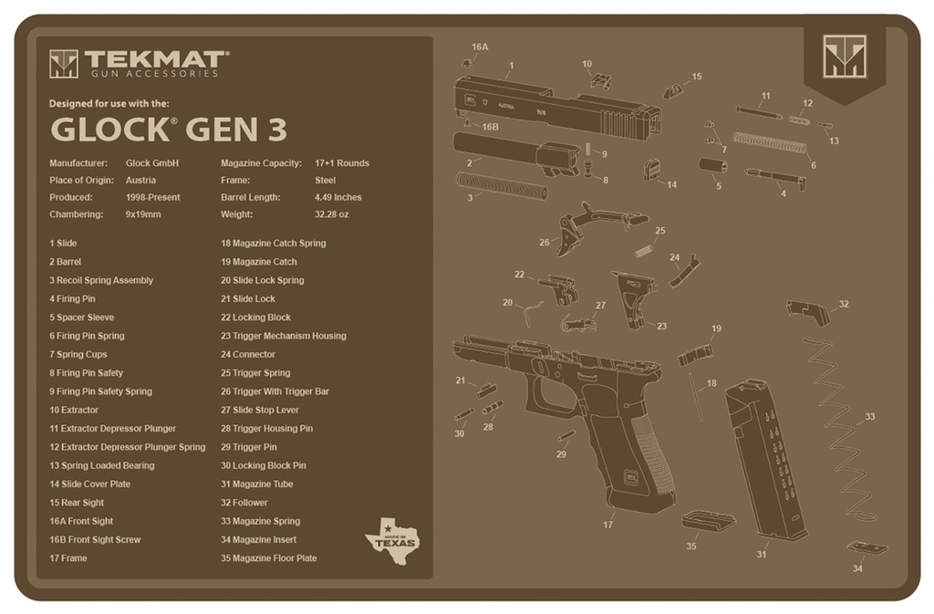 BECK TEK, LLC (TEKMAT) TekMat TEKR17GLOCKG3FDE Glock Gen 3 Cleaning Mat Flat Dark Earth Rubber 11"x17" Glock Gen 3 Parts Diagram