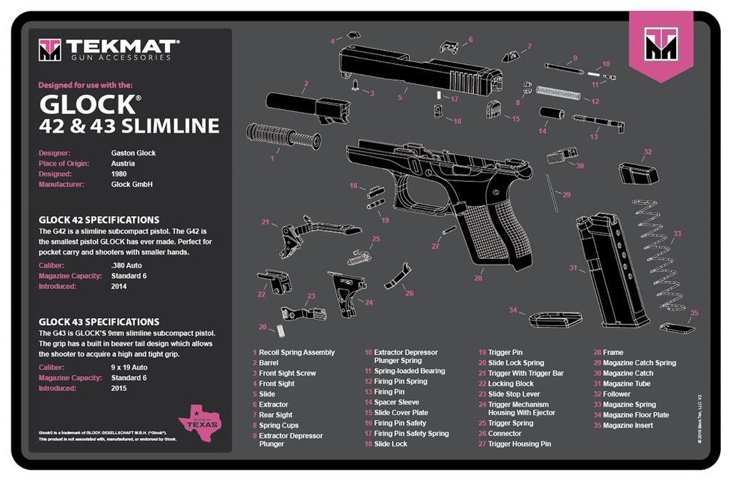 BECK TEK, LLC (TEKMAT) TekMat TEKR17GLOCKG3PNK Glock Gen 3 Cleaning Mat Pink Rubber 11"x17" Glock Gen 3 Parts Diagram