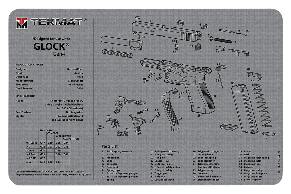 BECK TEK, LLC (TEKMAT) TekMat TEKR17GLOCKG4GY Glock Gen 4 Cleaning Mat Gray Rubber 11"x17" Glock Gen 4 Parts Diagram