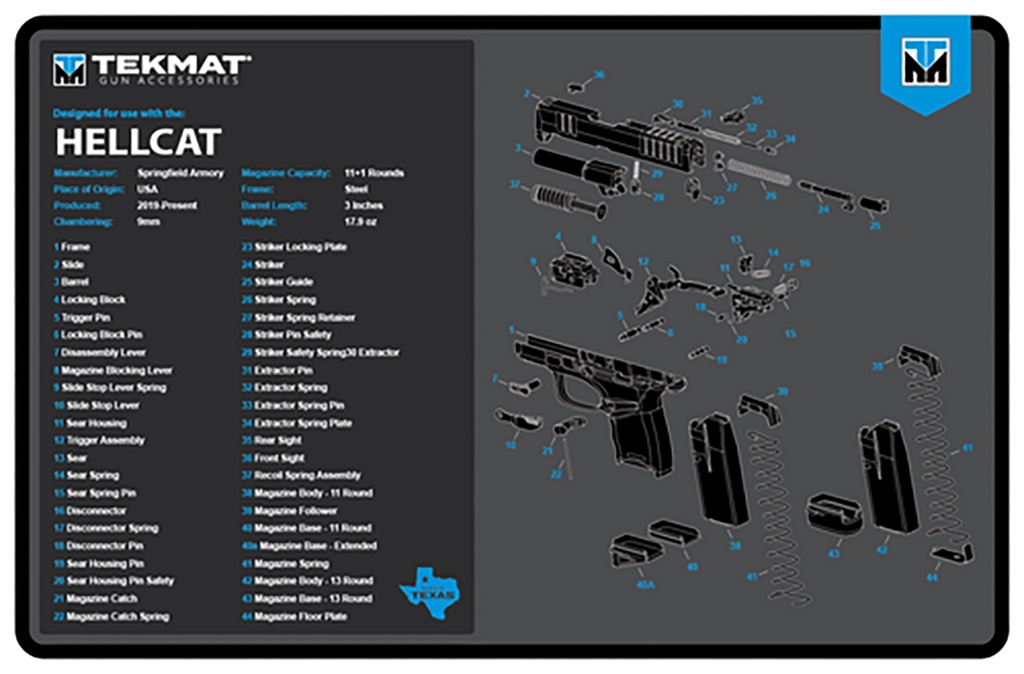 BECK TEK, LLC (TEKMAT) TekMat TEKR17HELLCATBLU Springfield Armory Hellcat Cleaning Mat Black/Blue/White Rubber 11"x17" Springfield Hellcat Parts Diagram