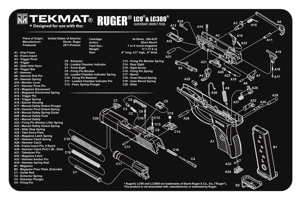 BECK TEK, LLC (TEKMAT) TekMat TEKR17RUGERLC9 Ruger LC9 Cleaning Mat Black/White Rubber 11"x17" Ruger LC9 Parts Diagram