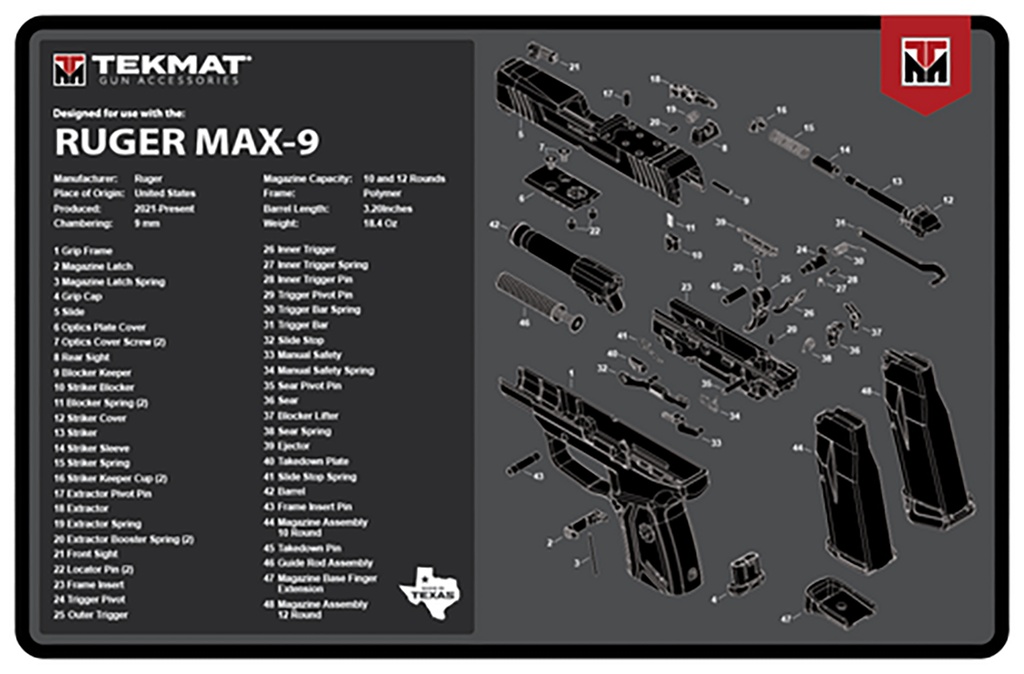 BECK TEK, LLC (TEKMAT) TekMat TEKR17RUGERMAX9 Ruger Max 9 Cleaning Mat Black/White Rubber 11"x17" Ruger Max 9 Parts Diagram