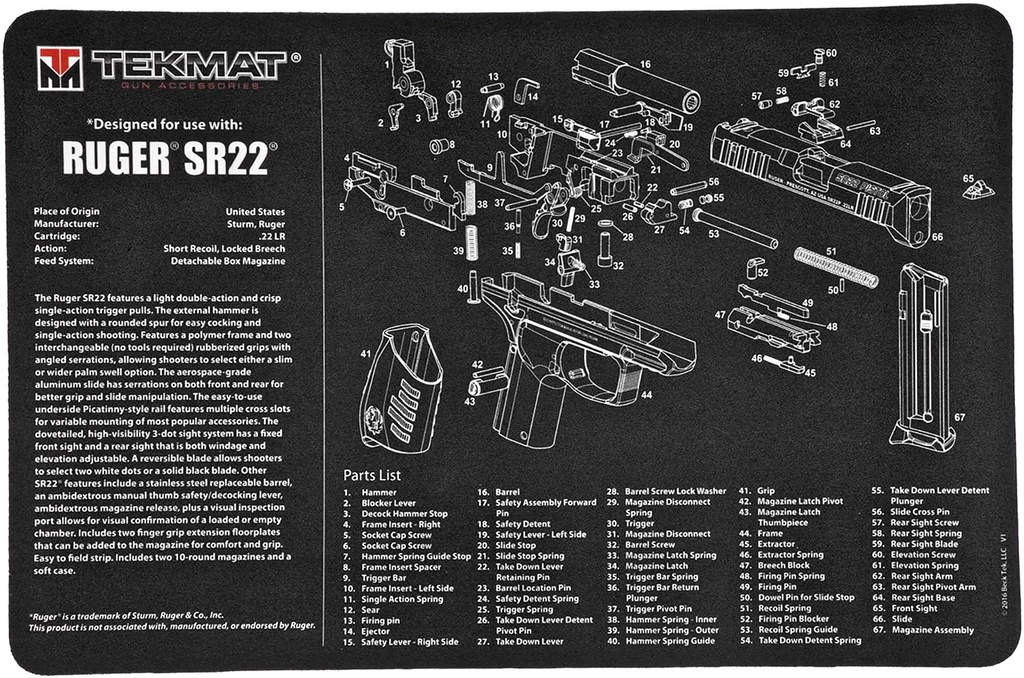 BECK TEK, LLC (TEKMAT) TekMat TEKR17RUGERSR22 Ruger SR22 Cleaning Mat Black/White Rubber 11"x17" Ruger SR22 Parts Diagram