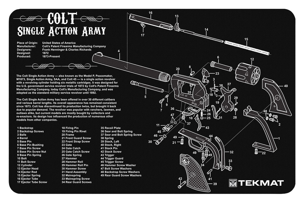 BECK TEK, LLC (TEKMAT) TekMat TEKR17SAA  Cleaning Mat Black/White Rubber 11"x17" Colt Revolver Army Parts Diagram