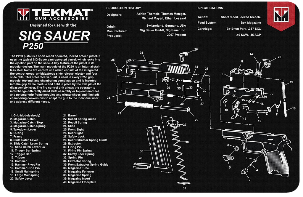 BECK TEK, LLC (TEKMAT) TekMat TEKR17SIGP250 Sig Sauer P250 Cleaning Mat Black/White Rubber 11"x17" Sig Sauer P250 Parts Diagram