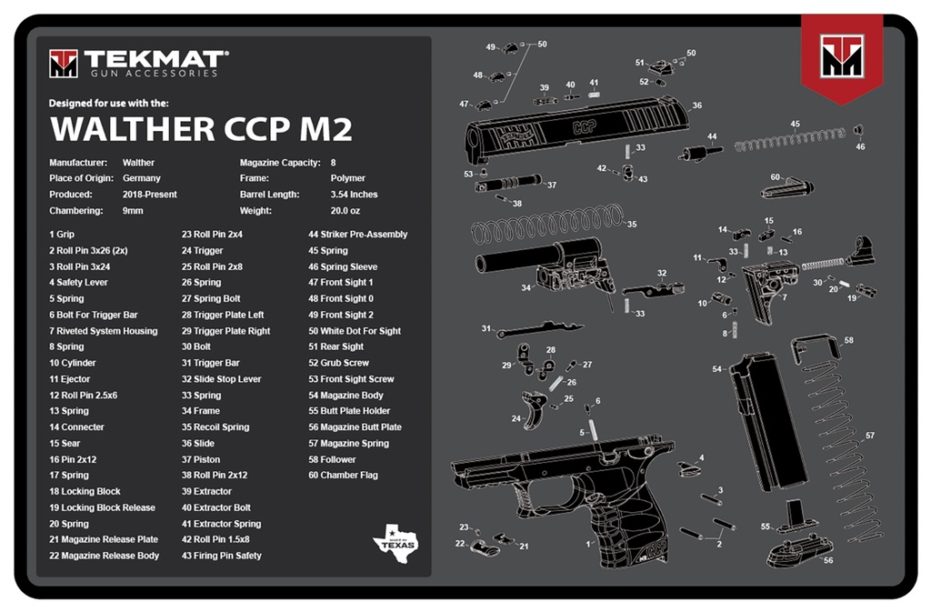 BECK TEK, LLC (TEKMAT) TekMat TEKR17WALCCPM2 Walther CCP M2 Cleaning Mat Black/White Rubber 11"x17" Walther CCP M2 Parts Diagram