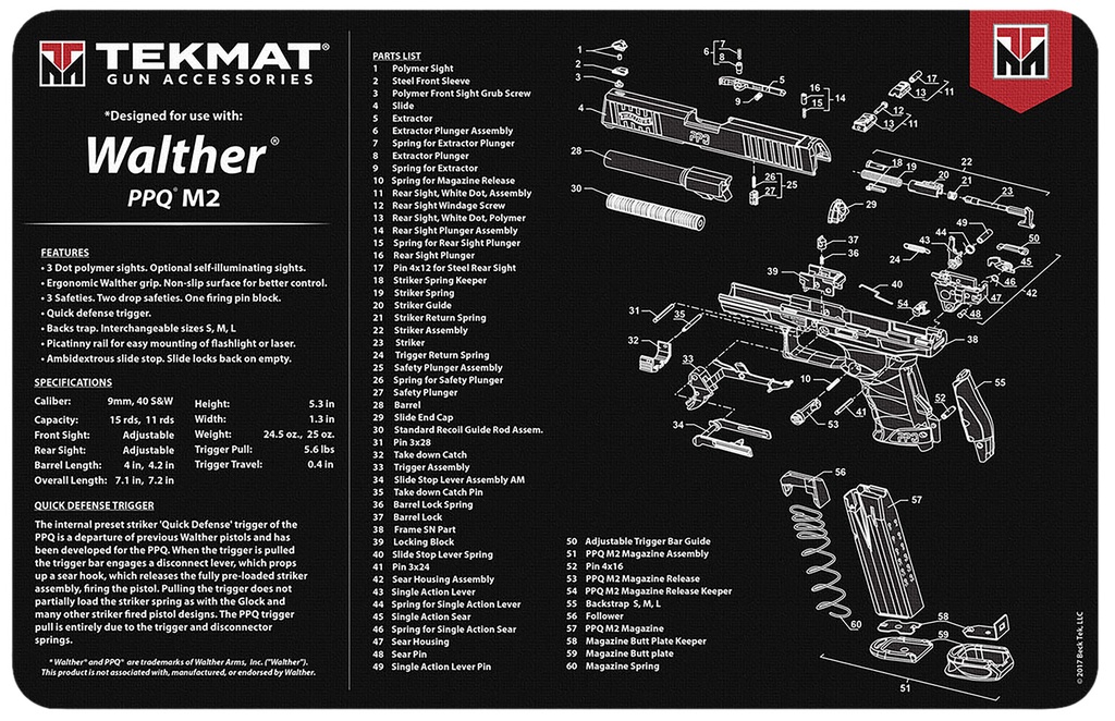 BECK TEK, LLC (TEKMAT) TekMat TEKR17WALPPQM2 Walther PPQ MOD 2 Cleaning Mat Black/White Rubber 11"x17" Walther PPQ MOD 2 Parts Diagram