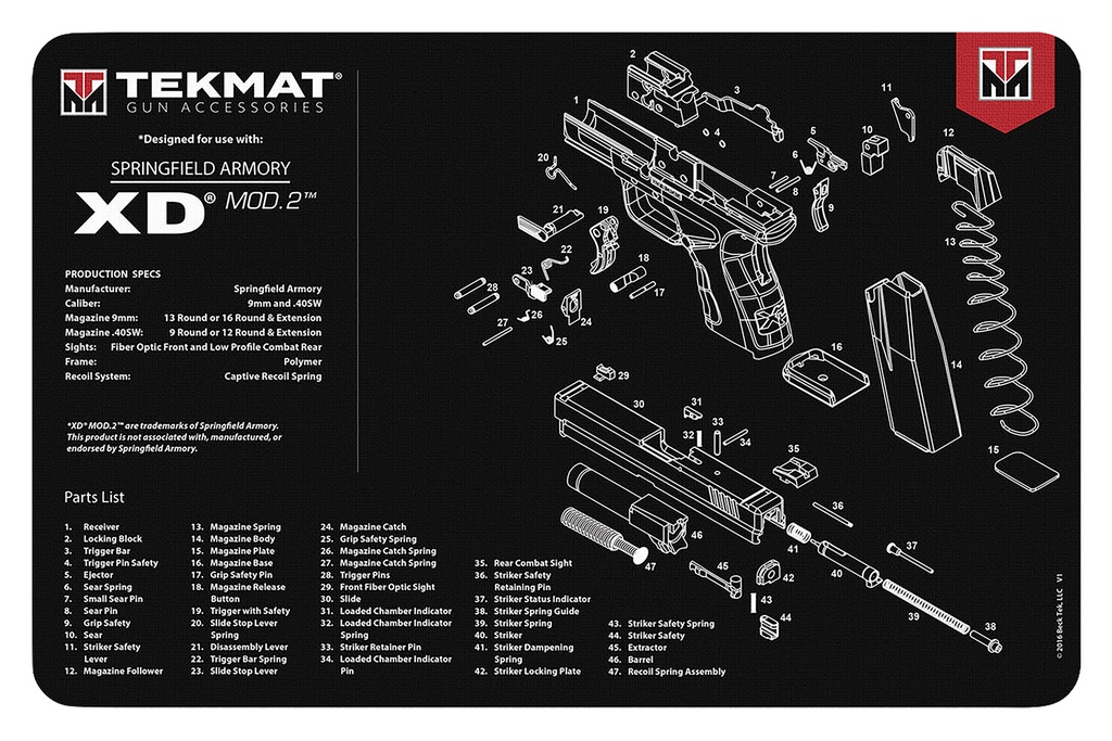 BECK TEK, LLC (TEKMAT) TekMat TEKR17XDMOD2 Springfield Armory XD MOD 2 Cleaning Mat Black/White Rubber 11"x17" Springfield Armory XD MOD 2 Parts Diagram