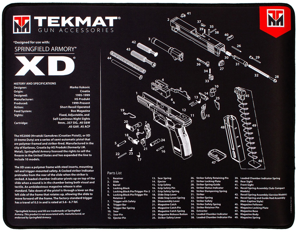 BECK TEK, LLC (TEKMAT) TekMat TEKR20XD Springfield Armory XD Ultra 20 Cleaning Mat Black/White Rubber 15"x20" Springfield Armory XD Parts Diagram