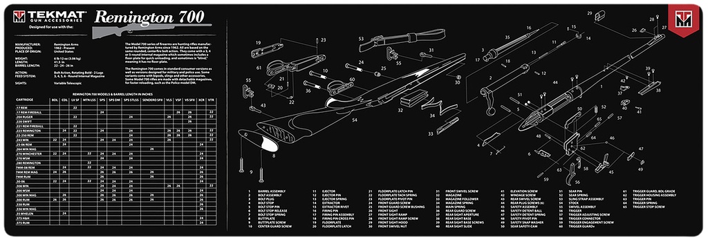 BECK TEK, LLC (TEKMAT) TekMat TEKR36REM700 Remington 700 Cleaning Mat Black/White Rubber 12"x36" Remington 700 Parts Diagram