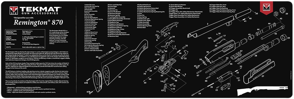 BECK TEK, LLC (TEKMAT) TekMat TEKR36REM870 Remington 870 Cleaning Mat Black/White Rubber 12"x36" Remington 870 Parts Diagram