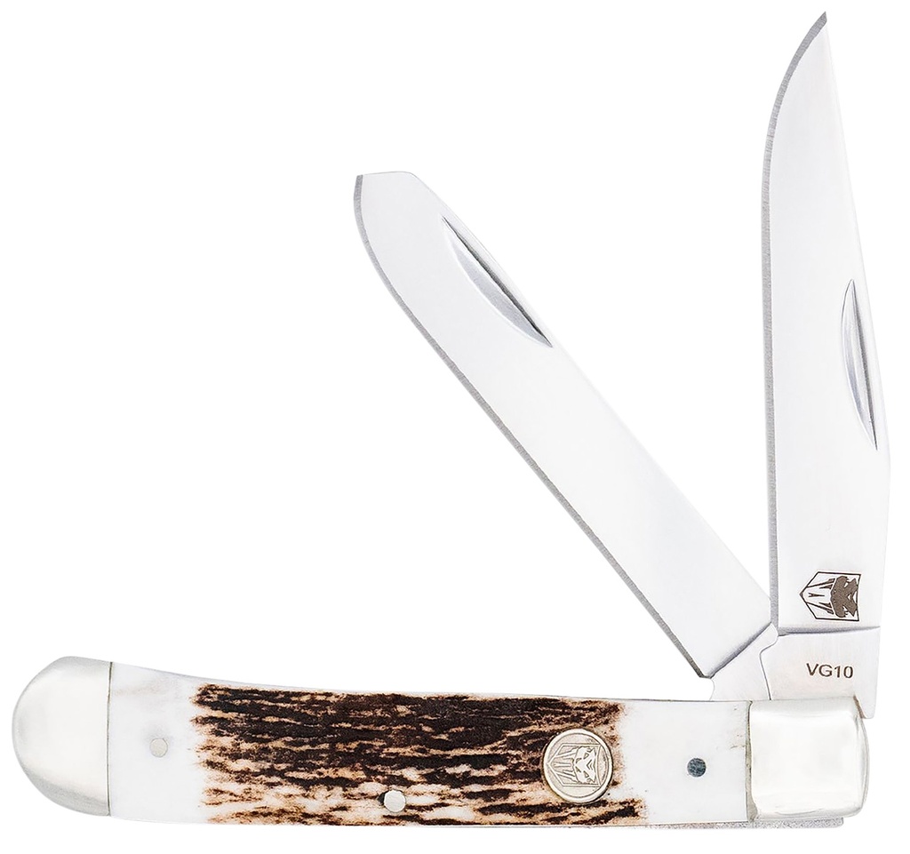 COBRA TEC KNIVES LLC CobraTec Knives CTTDTRPSTAG Trapper  Folding 2.88" Clip Point, 2.94" Spey Plain Polished VG-10 SS Blades, 4.44" Stag Bone Scales/SS Handle