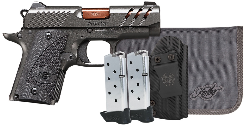 Kimber Mfg, Inc 3300254 Micro 9 Bundle 7+1 3.15" Rose Copper TiN Match Grade Barrel, KimPro II Gray Lightening Cut/Serrated Stainless Steel Slide, Kimpro II Gray Aluminum Frame, Black G10 Grip
