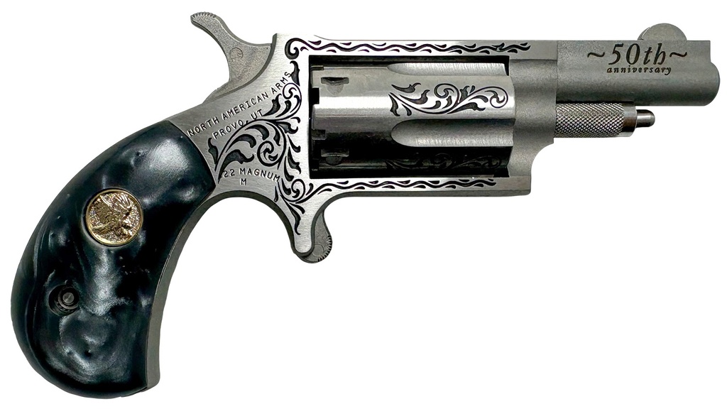 NAA North American Arms 22M50B 50th Anniversary  22 Mag 5 Shot 1.63" Matte Stainless w/"50th Anniversary" & Scroll Engraving, Black Pearl Grip, Exposed Hammer