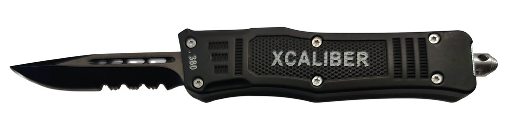 Xcaliber Knife Company  380 ACP  Small 2.75" OTF Part Serrated Black 440C SS Blade, 3.91" Steel Handle