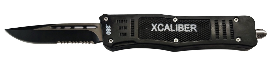 Xcaliber Knife Company  380 ACP  Medium 3.25" OTF Part Serrated Black 440C SS Blade, 4.64" Steel Handle
