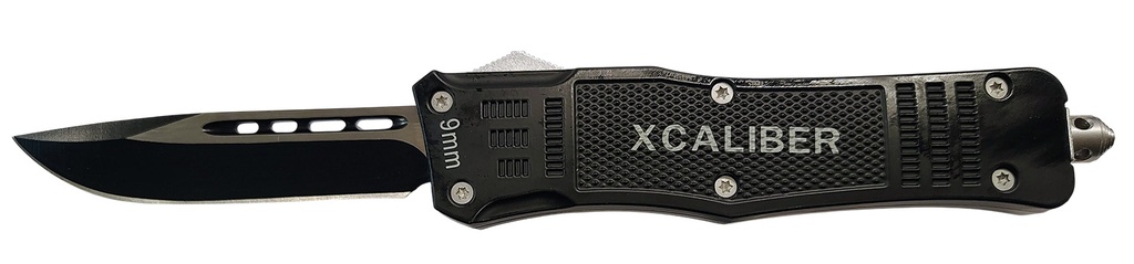 Xcaliber Knife Company  9mm  Large 3.80" OTF Drop Point Black 440C SS Blade, 5.30" Steel Handle
