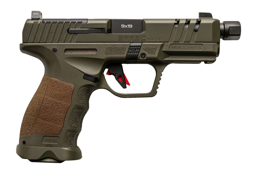 Sar USA Sarsilmaz SAR9CSOCOMOD10 SAR9 SOCOM Compact 9mm Luger 10+1 4.70" Black Threaded Barrel, OD Green Steel Optic Cut/Serrated Slide, OD Green Polymer Frame w/Picatinny Rail, Interchangeable Backstrap Grip
